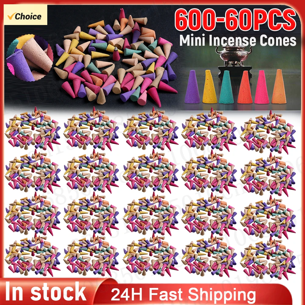 600-60Pcs Odor Remover Incense Colorful Scented Incense Cones Anxiety Relief Fragrance Incense Cones for Yoga Aromatherapy