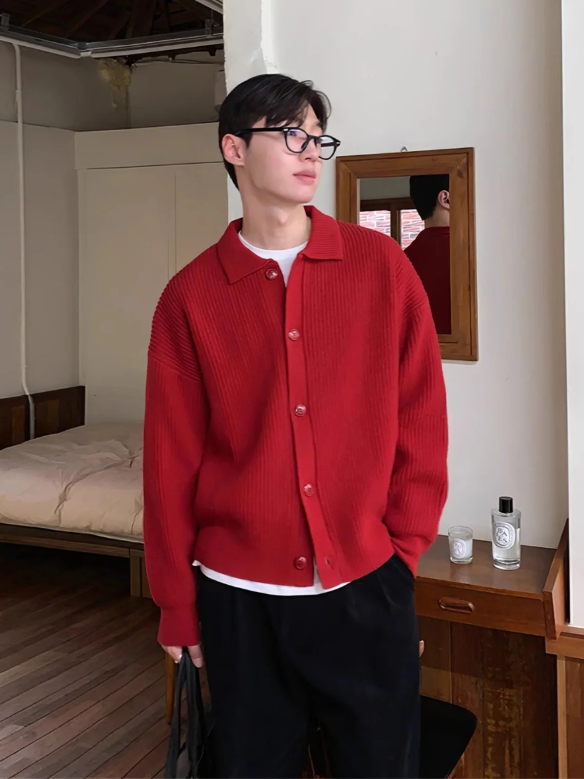 Bright Red Sweater Knit cardigan Men's Spring and Autumn Korean Series Dongdaemun 2024 Lapel Year of Fate Cotton Knitwear Out...