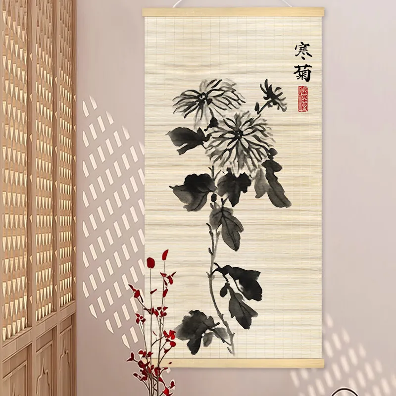 Wall Art Bamboo Scroll Ink Wash Pine Mountain Paintings Wabi Sabi Aesthetic for Living Room Hallway Zen Sanctuary Slow Living