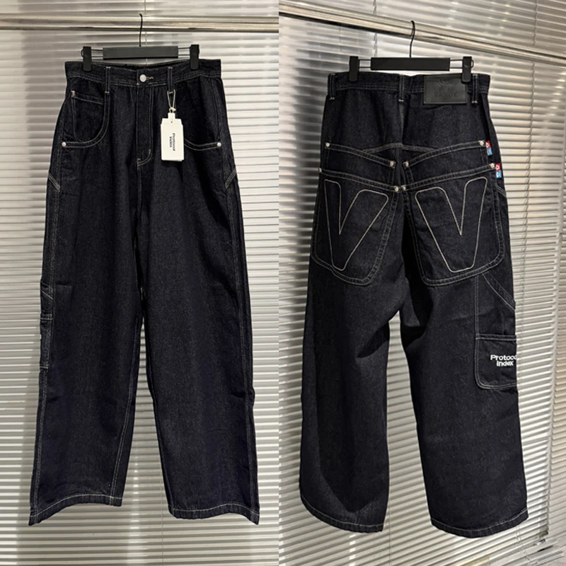 Men Baggy Carpenter Protocol Index Jeans Dark Raw Denim Contrast Stitch Wide Leg Hip Hop Casual Pants