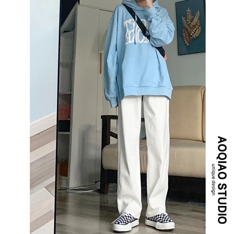 Jeans a gamba larga a vita alta da donna taglie forti Pantaloni larghi bianchi dal taglio dritto Autunno Faion Casual Comodo lunghezza fino al pavimento