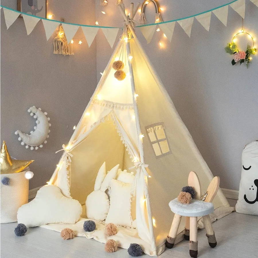 

Teepee Tent with Padded Mat Banner Fairy Lights Yarn Ball Carry Bag Beige Cotton Canvas Play Tent for Child with Tassels Lace P