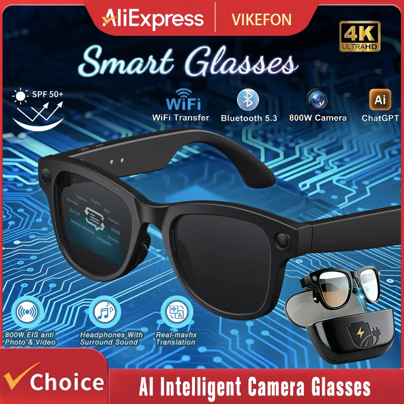 

Умные очки: HD фото и видео, запись с ИИ, перевод, сенсорное управление, фотохромные линзы, Bluetooth-звонки, музыка, многофункциональные очки