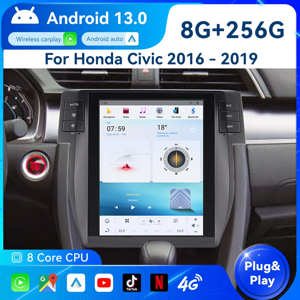 10.4 Inches Vertical Screen Car Radio For Honda Civic 2016 - 2019 Android Qualcomm Car Multimedia Player Gps Auto Carplay Stereo