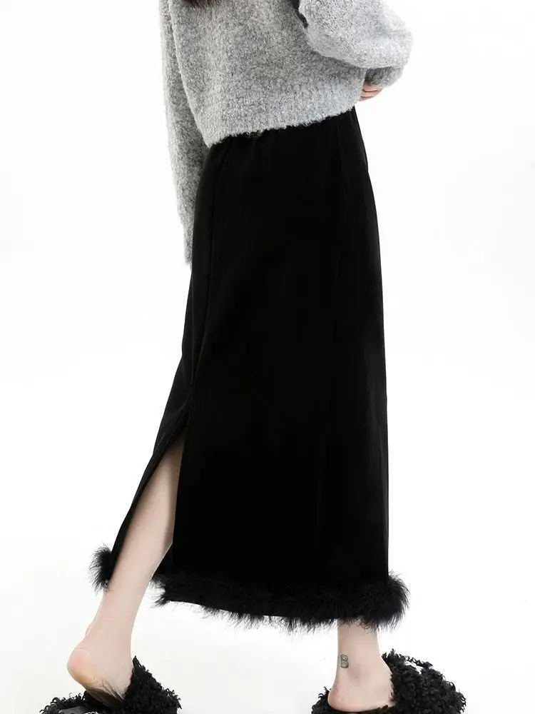 

Korea Black Velvet Fluffy Thick Skirt Women Fall Winter High Waist Split One-step Skirts Female Elegant Feathers Balck