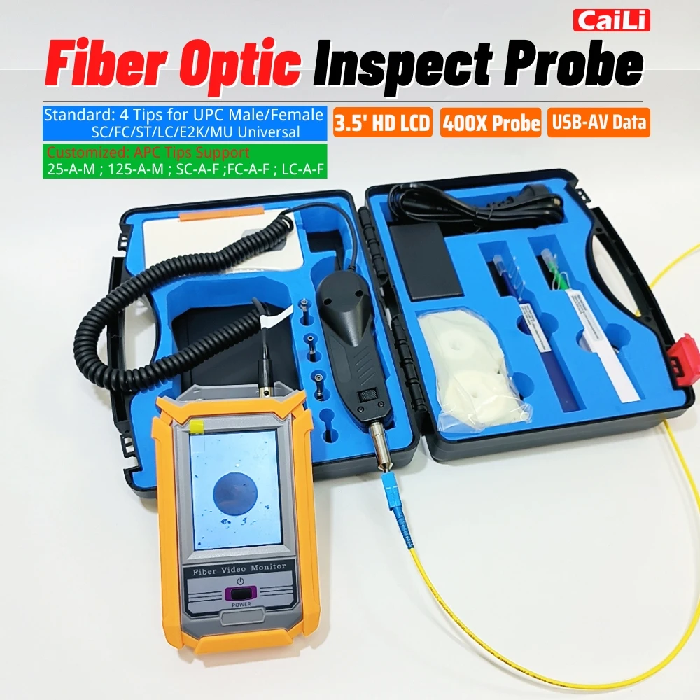 Caili FVM Fiber Optic Inspection Microscope Probe Support UPC And APC With 3.5 Inch Display Screen Monitor Inspector Clean Kits