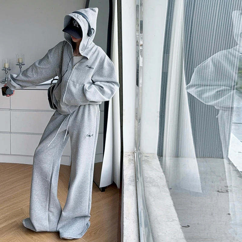 

autumn teen girl sports clothes set gray hooded zipper jacket+Casual pants 2pcs child sportswear suit kid outfits ensemble fille