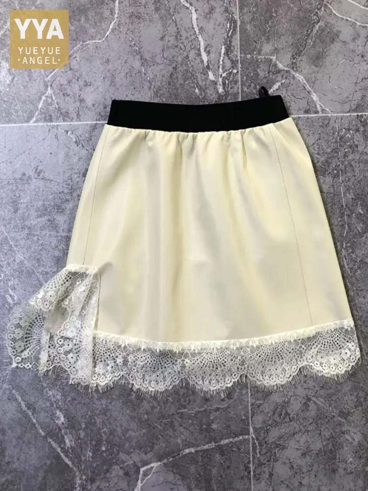 

Офисные женские тонкие короткие юбки из натуральной кожи с эластичной резинкой на талии, кружевные высококачественные однотонные юбки трапециевидной формы из овчины
