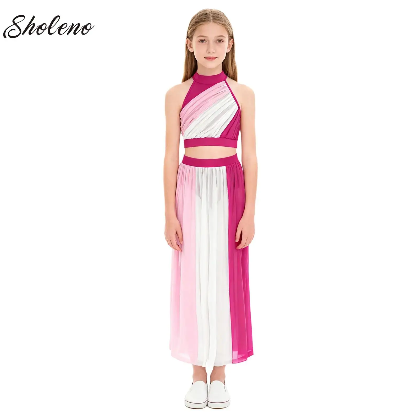 

Girl Modern Dance Outfits Clothes Set Color Block Ruched Crop Top with Maxi Skirt Figure Skating Ballet Modern Lyrical Dancewear