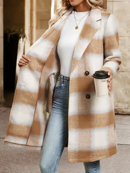 2025 Retro Style Double Breasted Suit Collar with Brushed Plaid Coat, Winter Women's Fashionable Long Sleeved Woolen Coat