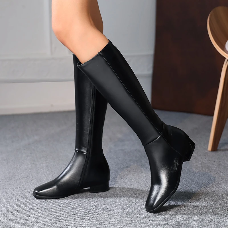 Winter PU Leather Women Knee High Boots Motorcycle Square Toe Zip Footwear Low Heels Female Riding Ladies Long Boats 2024 New