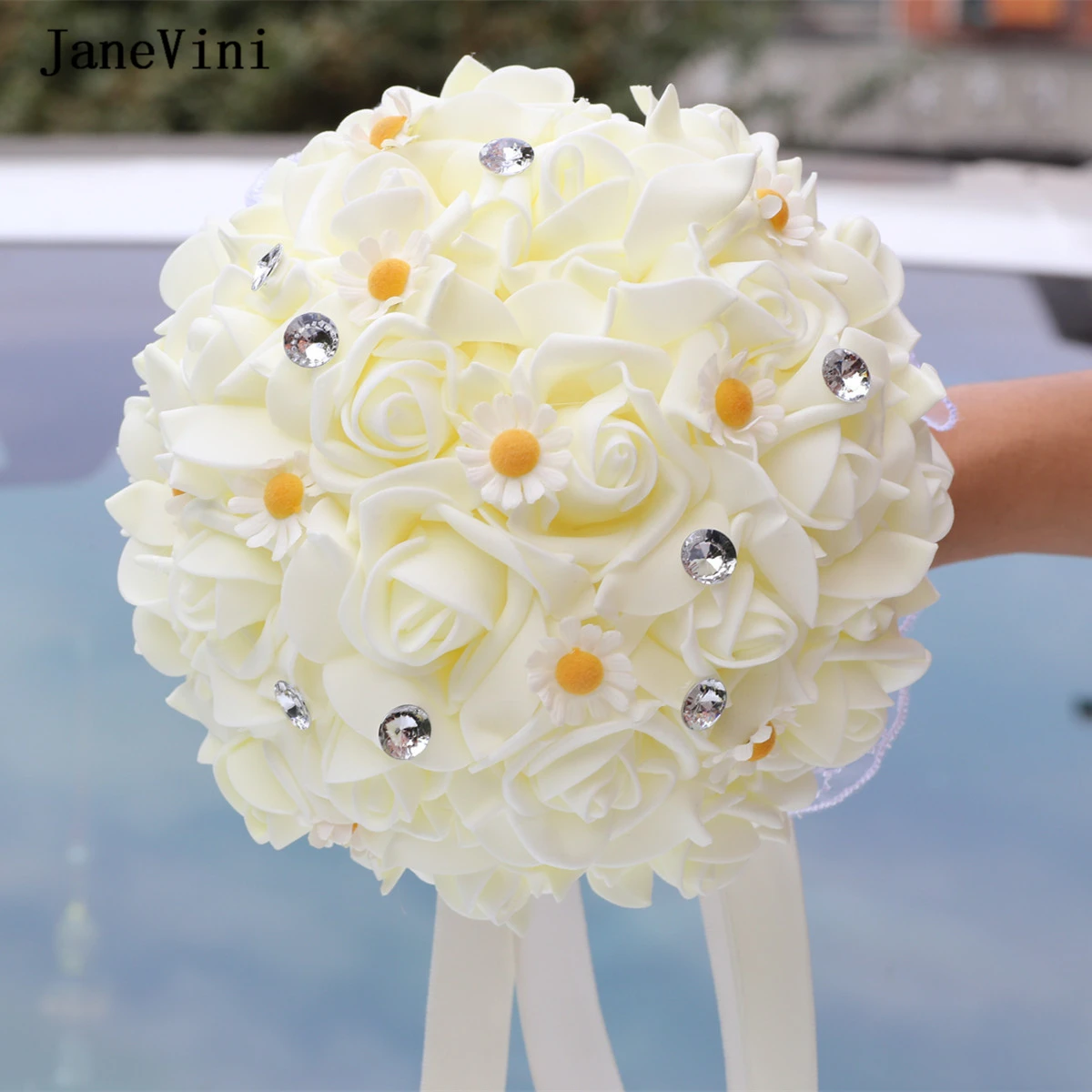 JaneVini Elegant Spring Wedding Bouquets Artificial Foam Blue White Roses Crystal Bridal Hand Flowers Party Wedding Decoration