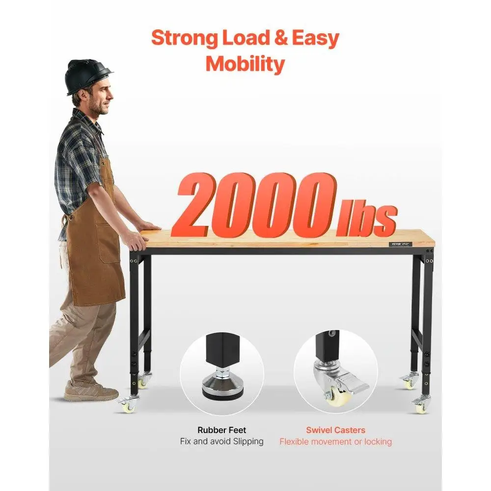 Adjustable Height Rolling Workbench with Power Outlet and Pegboard Storage 60 Inch Portable Workshop Table