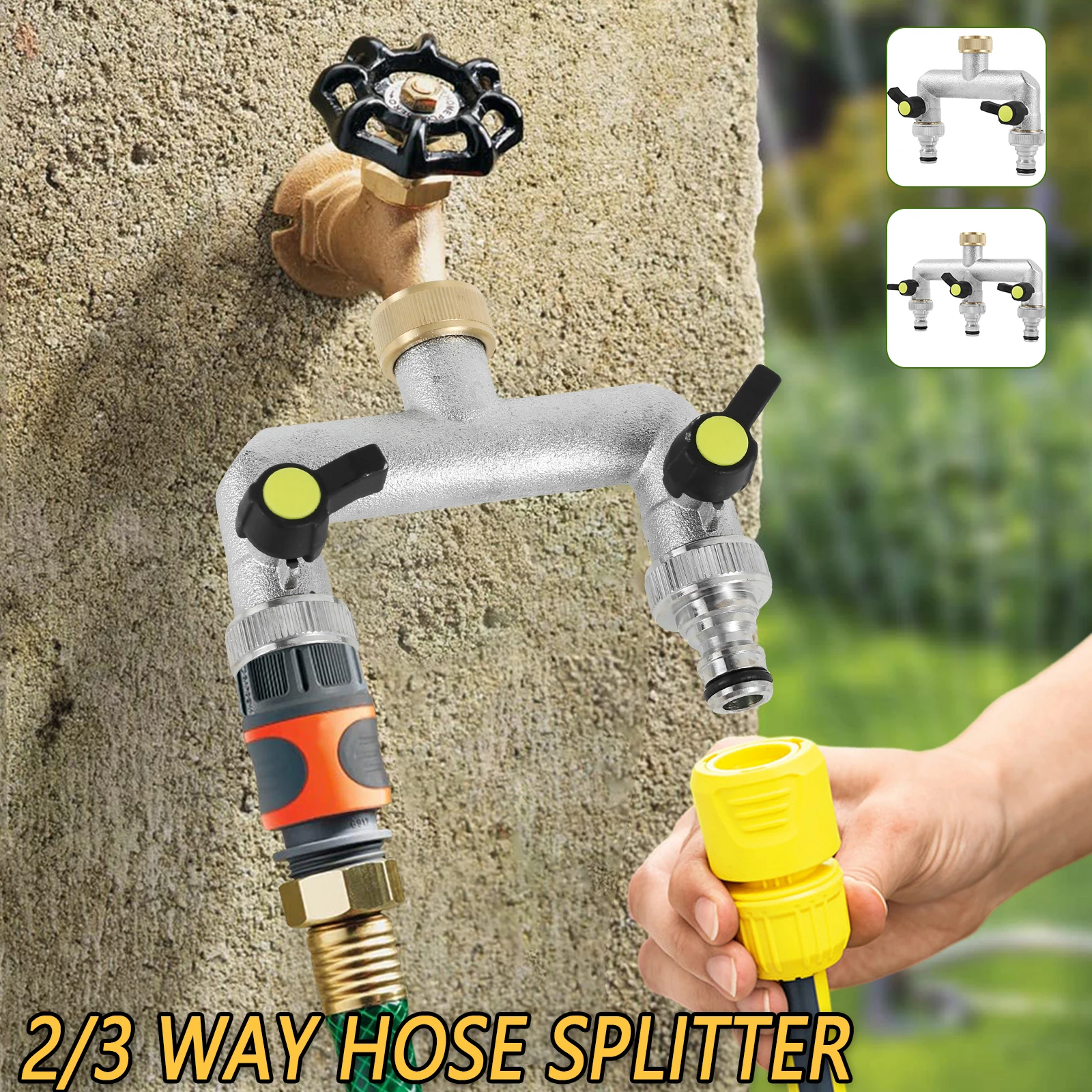 2/3 Way Hose Splitter Garden Water Splitter Faucet Adapter Irrigation Splitter Outdoor Tap Splitter with On/Off Valve Handle