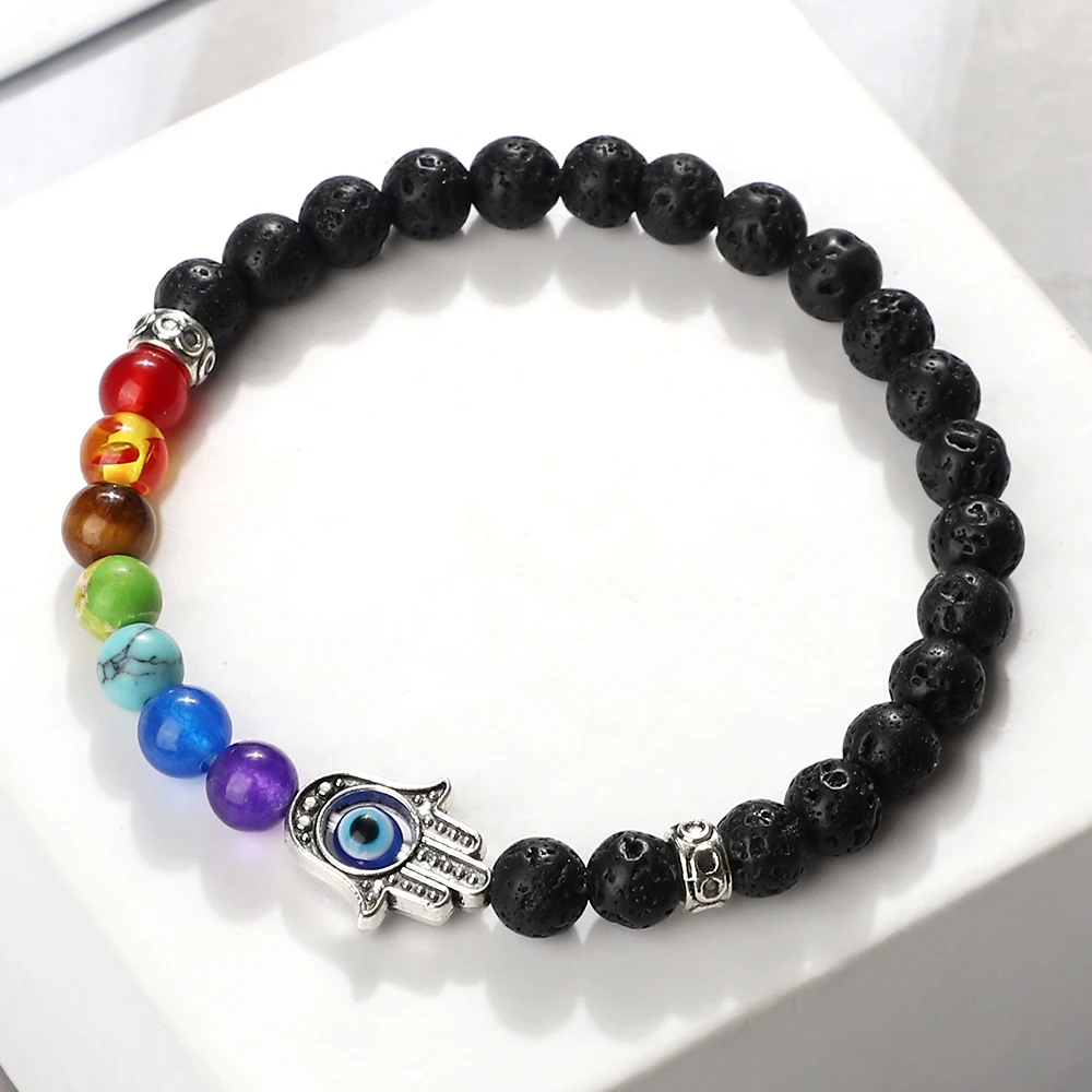 6mm 7 Chakra Beads Bracelets Lucky Evil Eye Hand Of Fatima Women Men Natural Lava Stone Agates Bracelet & Bangle Prayer Jewelry