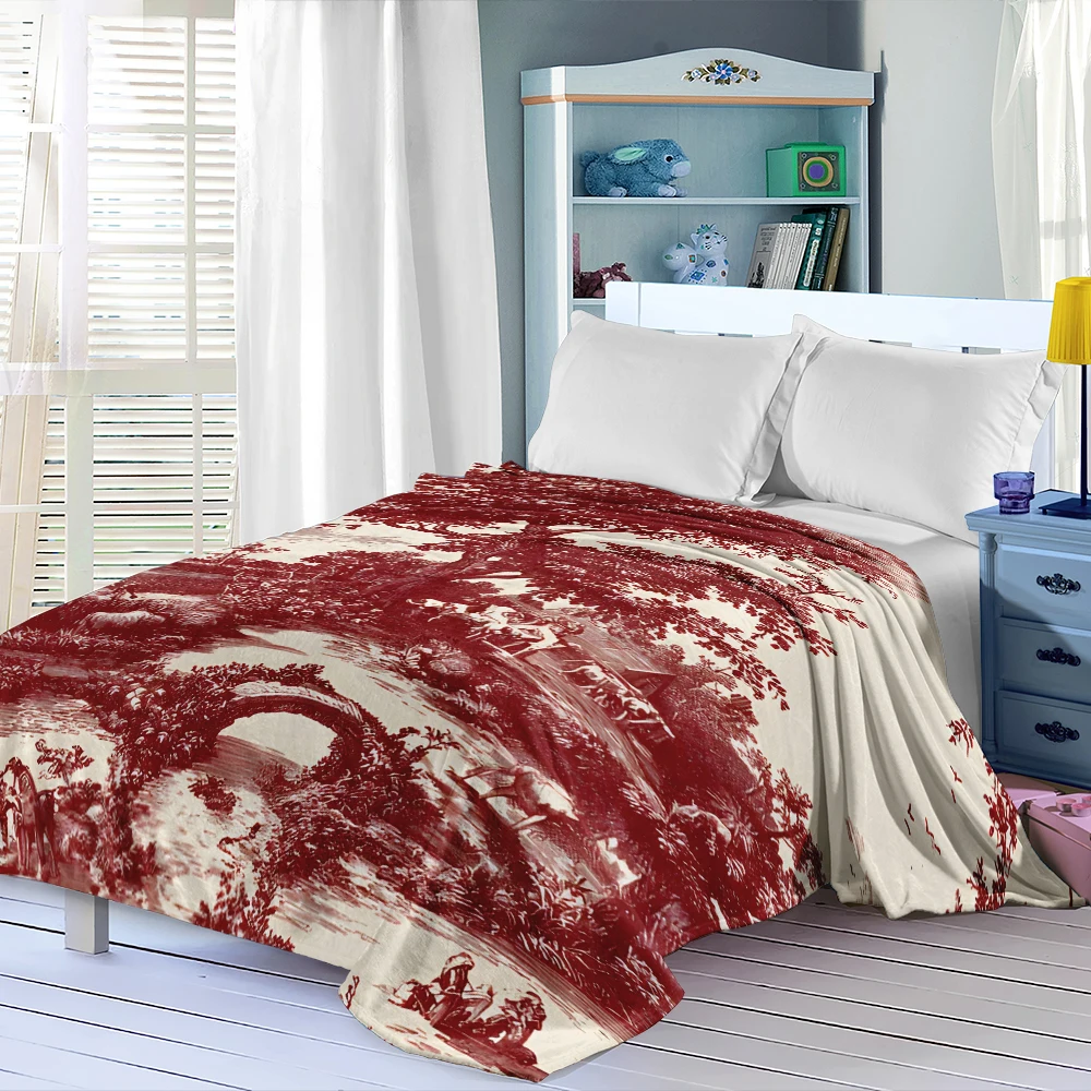 Burgundy Countryside Toile Flannel Blanket Warm Soft Halloween Christmas Decorative Couch Warm Cozy All-Season Gift
