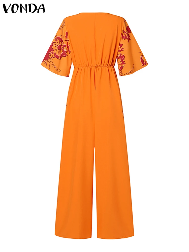 Plus Size Jumpsuits Women VONDA Summer Printed Long Romper 2024 Sexy V-Neck Flare Sleeve Casual High Elastic Waist Playsuits