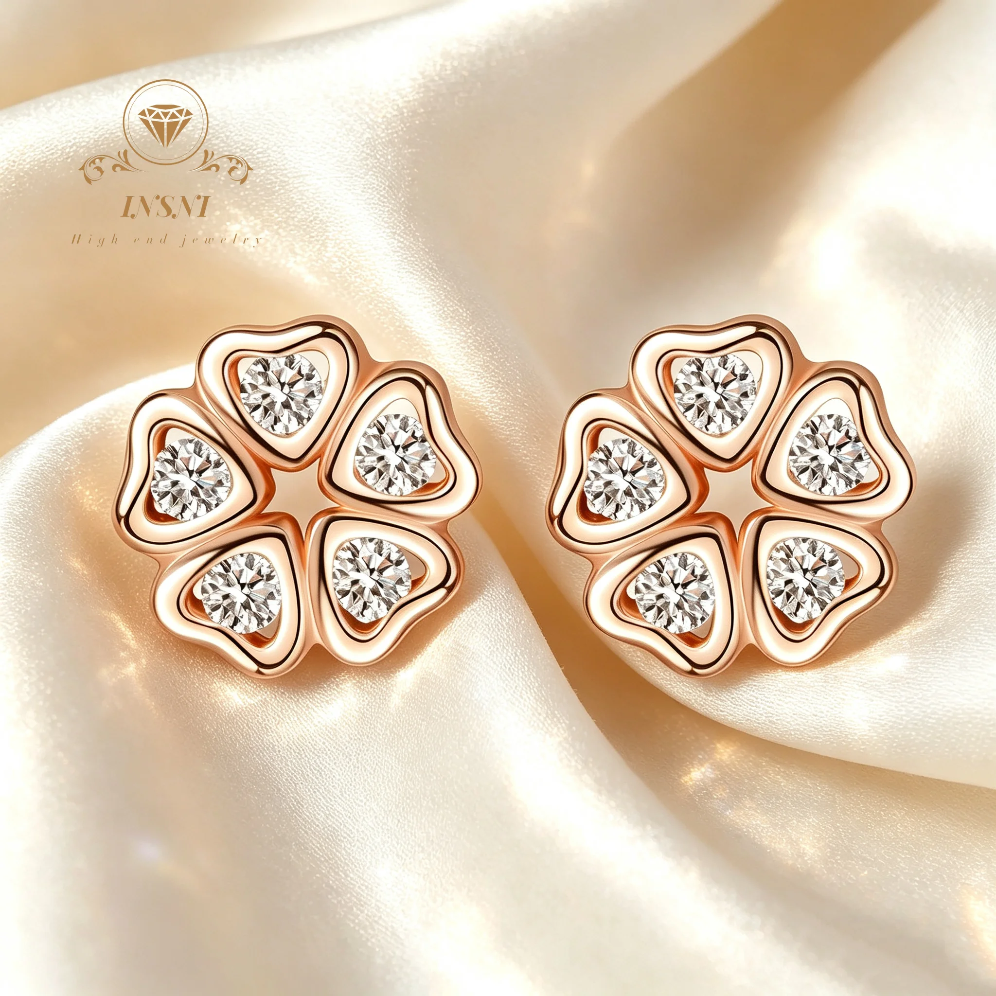 S925 Sterling Silver Female Love Petal Moissanite Champagne Gold Stud Earrings Small  Sweet Affordable Light Luxury Jewelry Gift