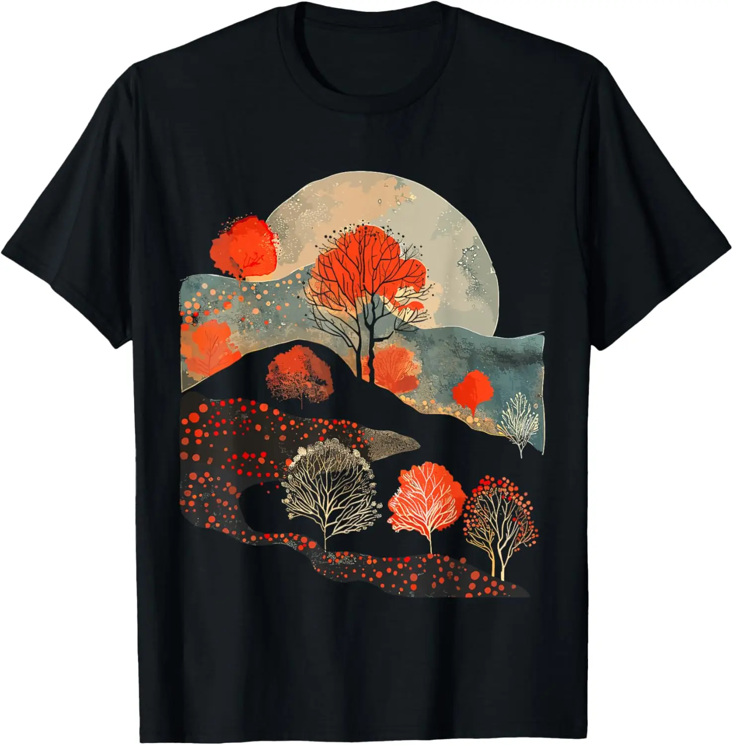 Nature Art Painting, Orange Trees, Field, Moon, Men, Women T-Shirt