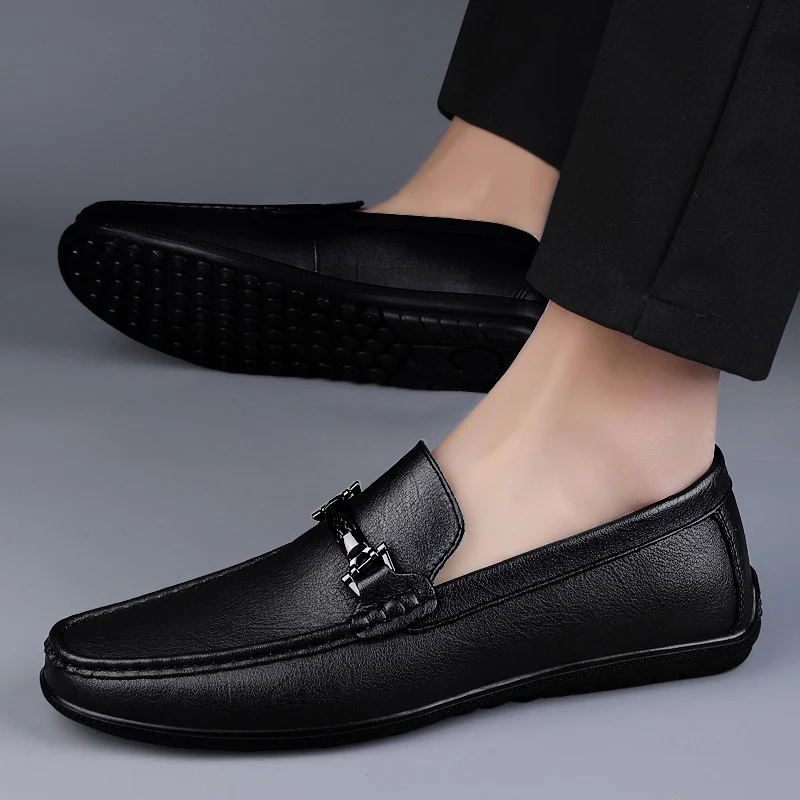 Metal Buckle Blue Loafers Genuine Leather Mens Slip on Shoes Comfortable Men Casual Shoes Male Driving Footwear Breathable Mens