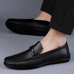 Mocassins masculinos de fivela de metal azul, couro genuíno, sapatos deslizantes, confortável, casual, respirável, calçado de condução 10 principais vendas mocassim masculino de fivela - №1