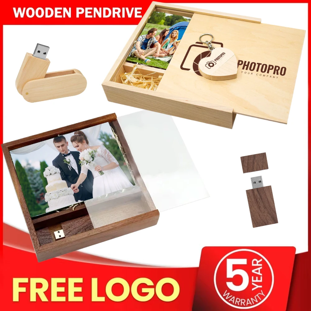 

(1 PCS Free LOGO) Photo Unique Album Walnut Wood USB+Box Pendrive USB Flash Drive 8GB 16GB 32GB 64GB 128GB Creative Wedding Gift