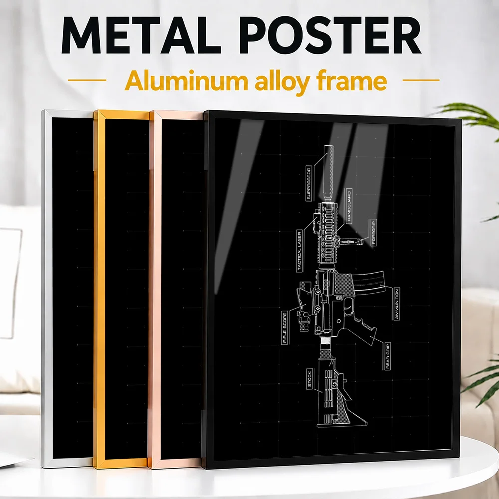 Rifle Blueprint On Black Background Framed Metal Poster Personalized Photo Educational Linework Style Wall Art For Home Office