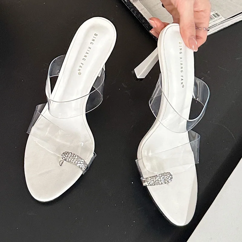 Fashion Transparent Footwear New Women Pumps Slides Heels Shoes 2024 Female Rhinestones Peep Toe Ladies High Heels Shoes