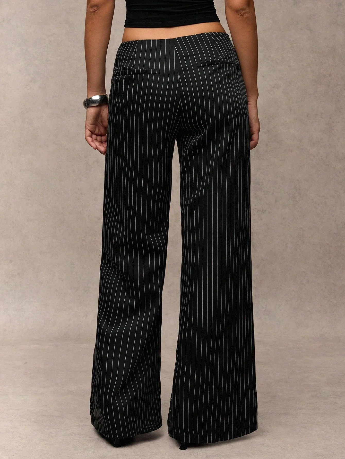 

Black Striped Wide Leg Pants With Drawstring Waist Casual Office Wear