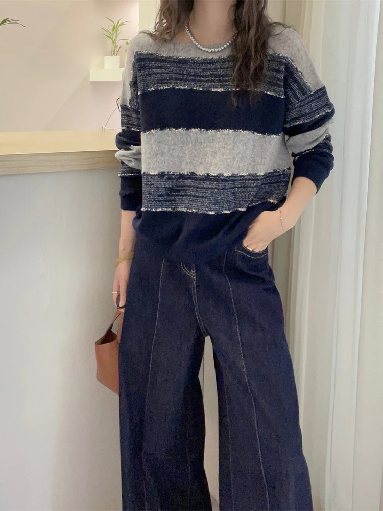 Korean Style Soft Knitted Sweater Women's round Neck Stripe Design Autumn Winter New Arrival Elegant Unique Comfortable Woole...