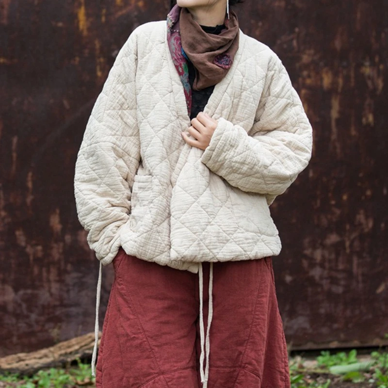 Artistic Women's Quilted Padded Short Coat Loose Lazy Zen Style Linen Outerwear Trendy Cozy Warm Soft New Daily Fad Basic Coats