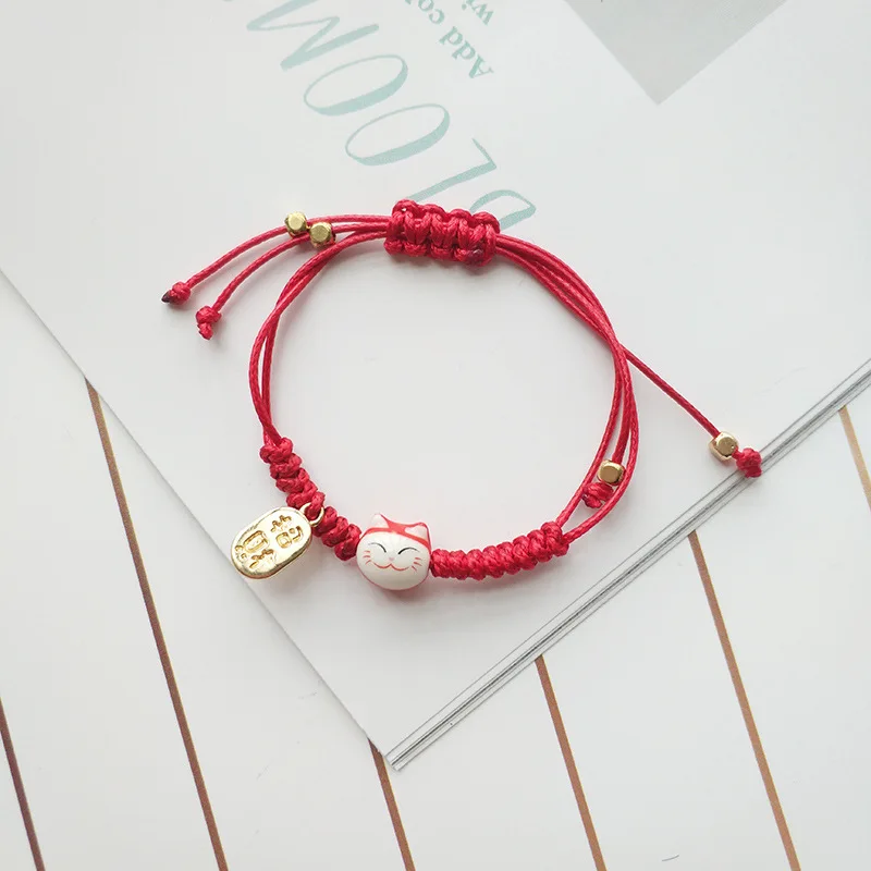 Sweet This Animal Year Red Rope Woven Lucky Cat Ping An Duofu Bangle Adjustable Fresh Thin Bead Bracelet