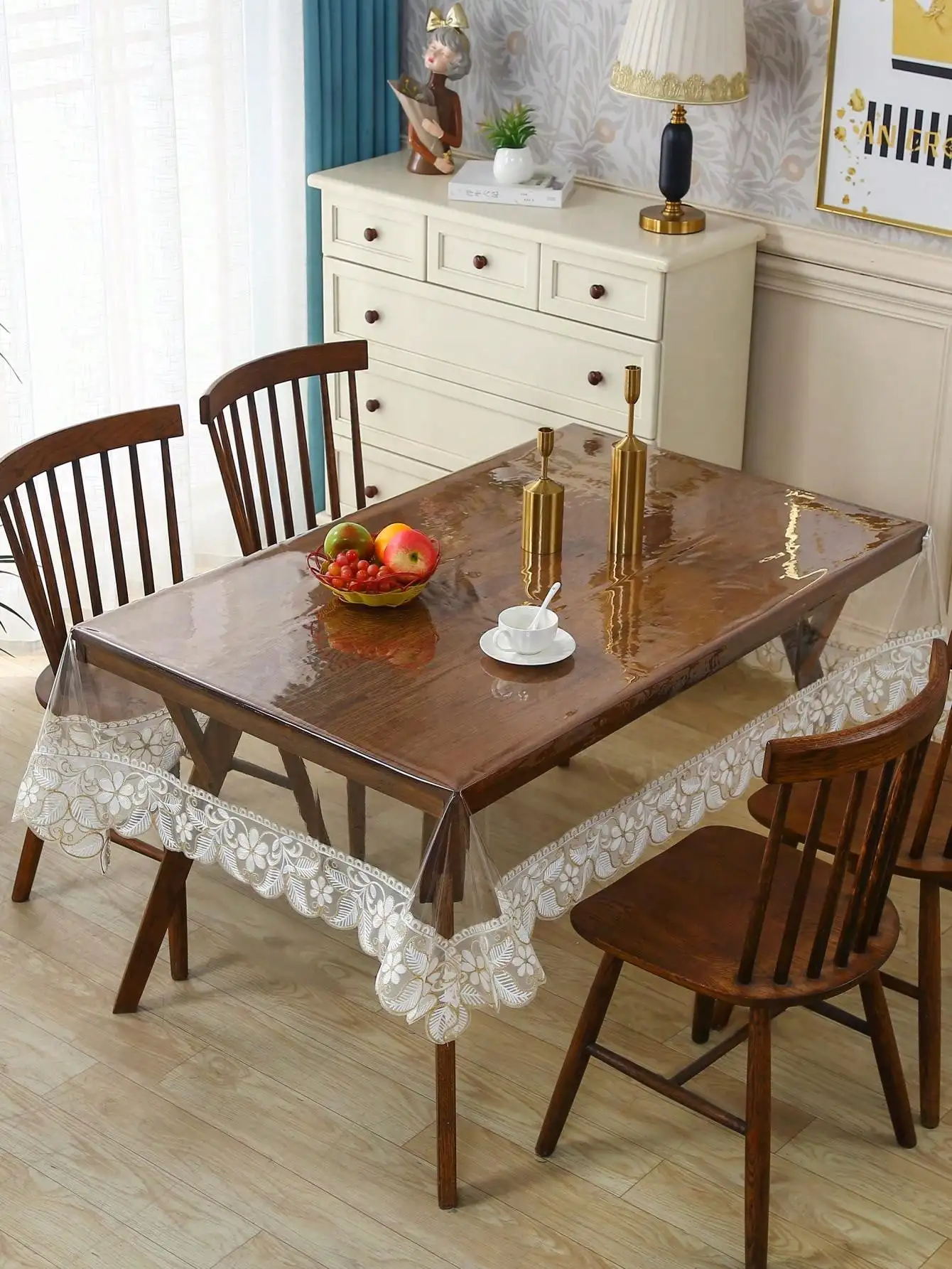 

A Transparent Pvc Lace Tablecloth, French Romantic Pvc Waterproof and Oil-Proof Rectangular Square Tablecloth, Suitable for Dining Table, Coffee Table, Daily Home Decoration and Wedding Party Festivals