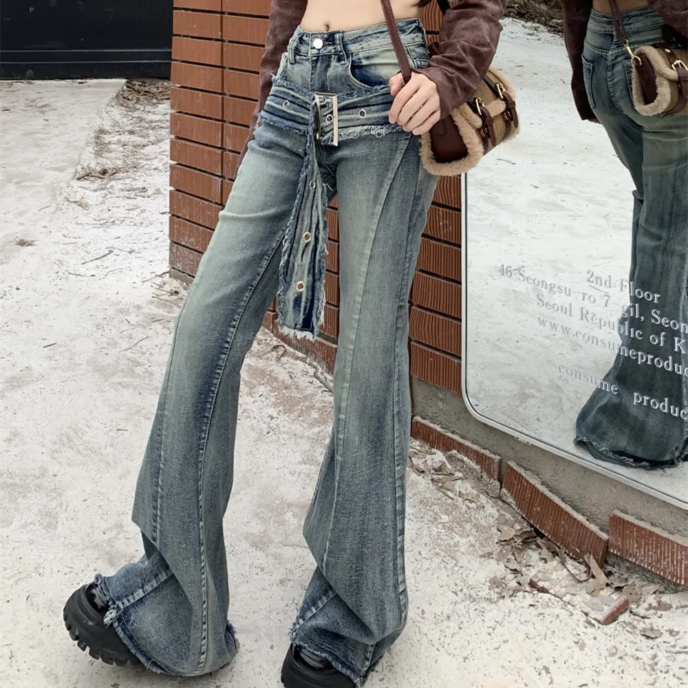 Japanese Y2k Low Rise Flare Jeans Vintage Washed Black Baggy Jeans Korean Grunge Cargo Pants 2000s Wide Leg Denim Pants