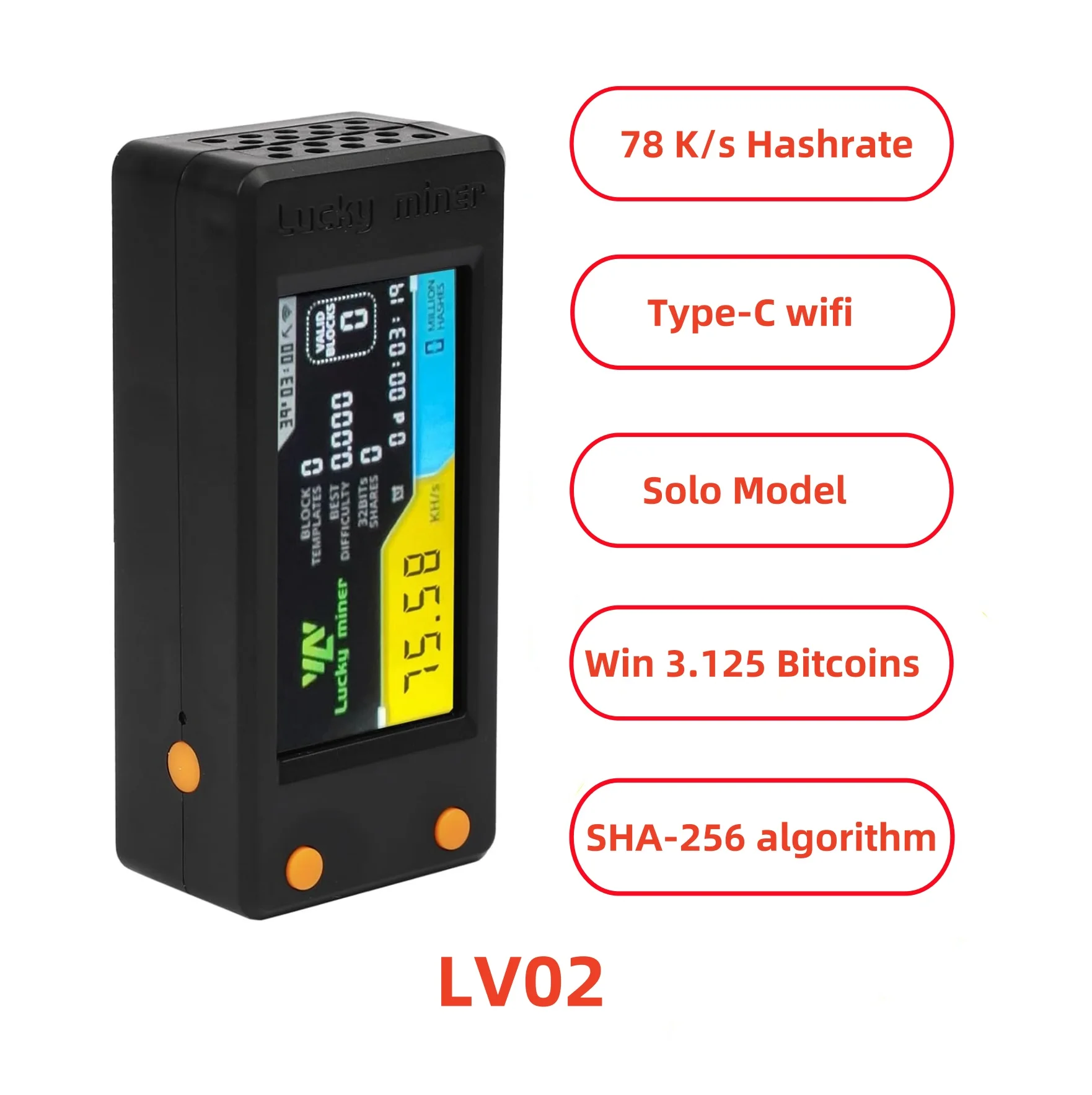 LV02 Bitcoins Miner Lotto Mining Device 78K/S 2.4G WiFi/Hotspot SHA-256 Mining Miners ASIC Mining Lottery Device Crypto Miner