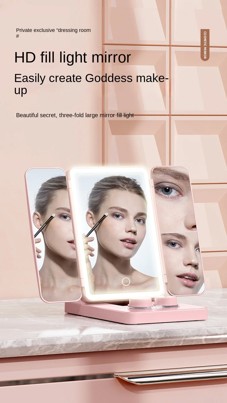 Miroir de maquillage pliant LED Rechargeable avec nettoyeur de lentilles de Contact miroir cosmétique de vanité Portable pour femmes et voyage