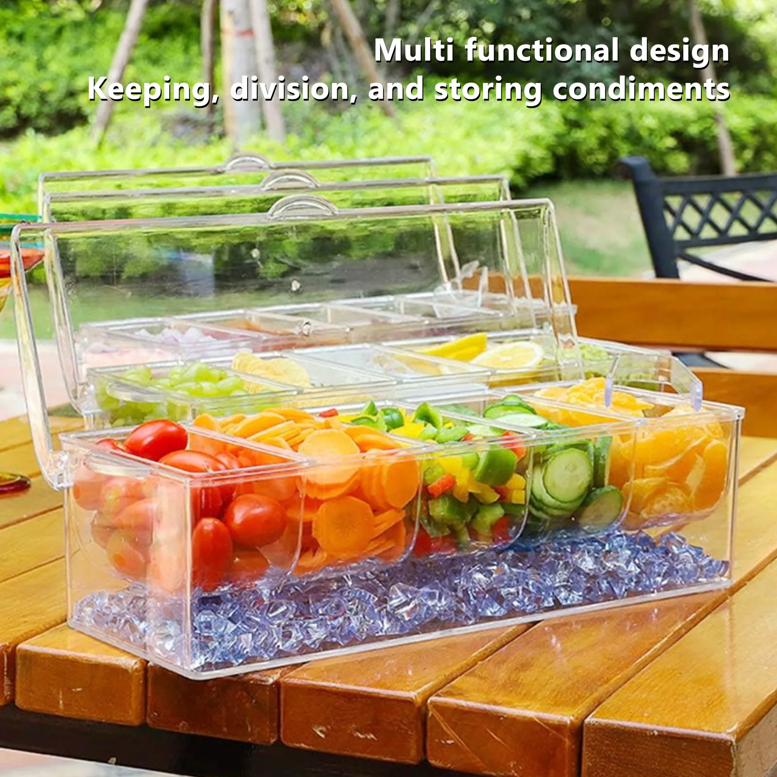 Chilled Condiment Server Tray Bar Fruit Caddy with Lid 4/5 Removable Compartments Clear Ice Condiment Serving Tray for Party