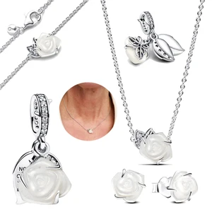 925 Sterling Silver Double Dangle Charm, white rose in flower, fits original Pandora Bracelet, Jewelry Making 10 main sales pendant Pandora - №8