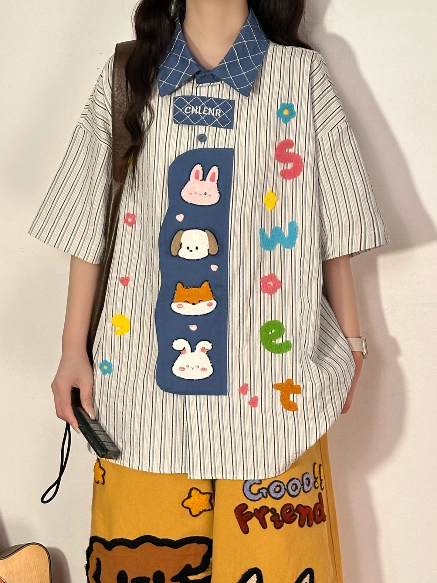

Cute Cartoon Embroidery Short Sleeve Loose Women's Shirt Summer Street Style Patchwork Color Breathable Polyester Cotton Blend