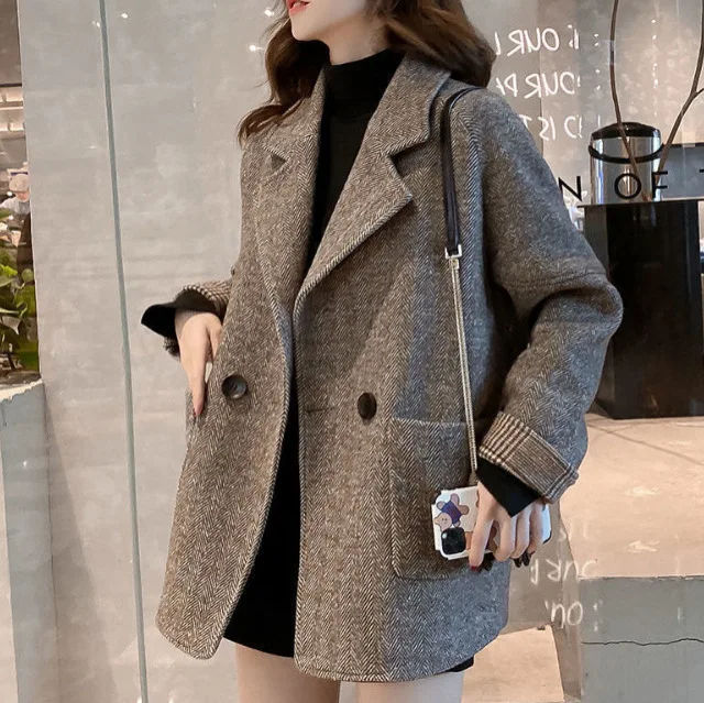 

Women Wool Coats Elegant Coat Button Loose Long Sleeve Jackets Blends Solid Casual Pockets Jacket Office Ladies Autumn
