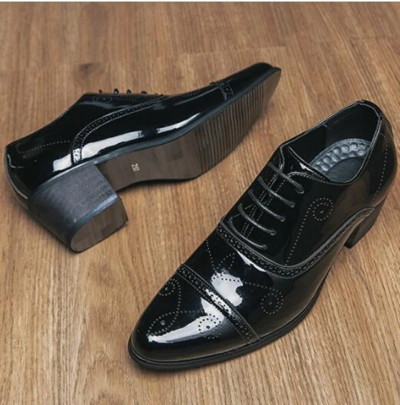 New Dress Leather Shoes Men High Heel 6cm Pointed Toe Brogue Wedding Shoes Height Increase Formal Career Work Jazz Dance Shoes