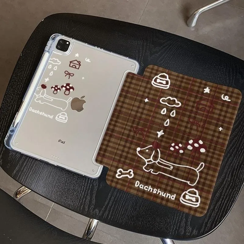 Retro Brown Plaid Dachshund IPad Tablet Case for IPad Air6/7 Pro 11in 11th A16 10th 9/8/7th 10.2in Mini7 8.3in Shockproof Cover