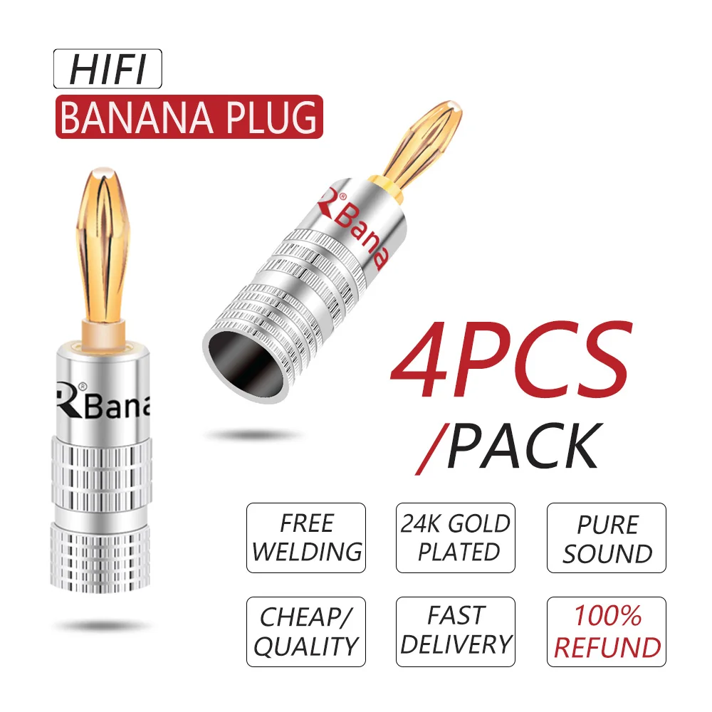 Conector Banana de 4mm para altavoz, conector banana chapado en oro de 24K, conector Banana de 4mm que combina con poste de encuadernación de 4mm, 4