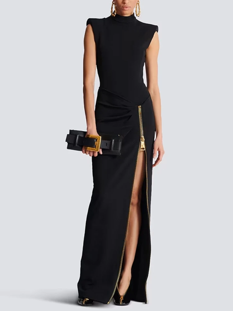 

Sexy O Neck Split Zipper Design Long Dress Women Black Sleeveless Patchwork Folds Slim Dresses Evening Party Gowns