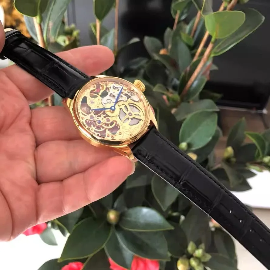 Men's mechanical watch 41mm gold-toned skeleton engraving ST3600SK manual movement blue lancet mechanical watch