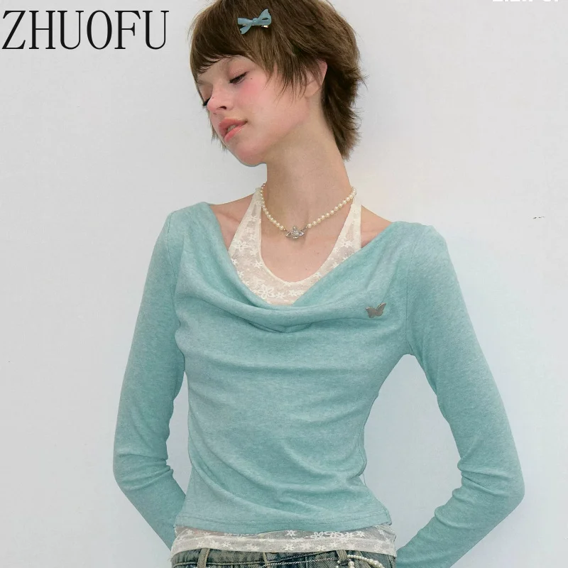 2026 Autumn Women's Clothing Original Design Swinging Neck Pink Knitted Sweater Slim Lace Splicing Long-sleeved T-shirt Ladies