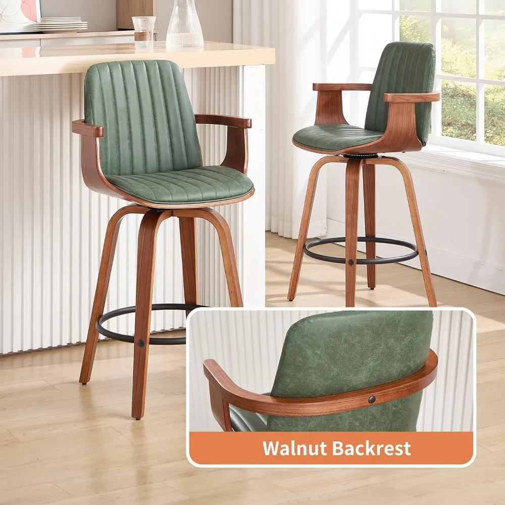 Counter Height Bar Stools Set of 2, 26 Swivel Bar Stools with High Backs and Arms, Modern PU Leather Bar Chairs for Kitchen Isla