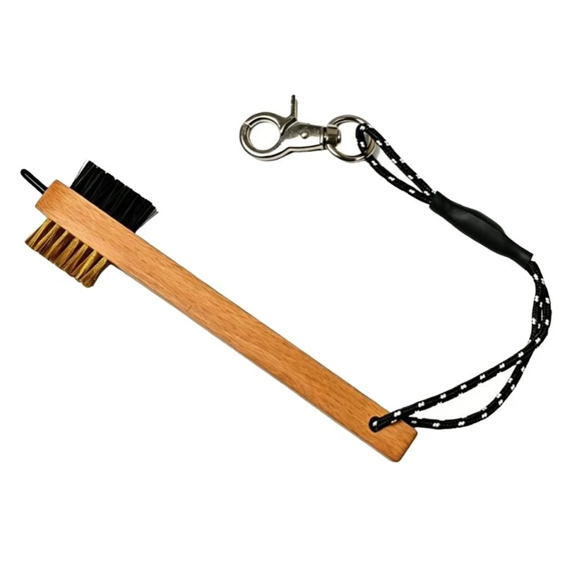 T22C Wood Handle Golf Club Brush With Metal Groove Cleaner Pick- Portable Golf Cleaning Tool Featuring Carabiner Lanyard