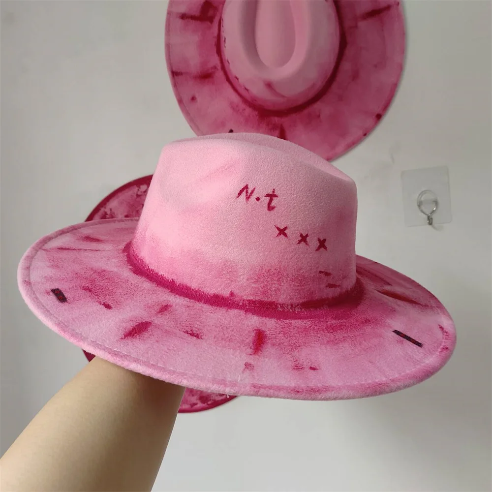 Pink painted hat retro suede fedora hat men and women fedora hat new style party hat outdoor fashion travel hat 2024 DIY hat