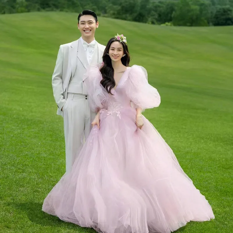 

Temperament Powder Wedding Dress Fashion Sexy 2025 New V-neck Princess Fluffy Skirt Formal Dress Women Elegant Evening Dresses